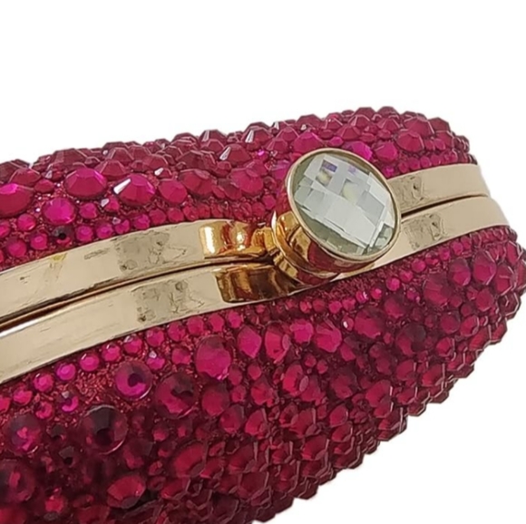 Fuchsia Pink Heart Shape Purse Sparkling Crystal Clutch Crossbody Bag Long Chain